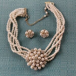 Vintage Faux Pearl And Diamond Goldtone Necklace and Earring Set